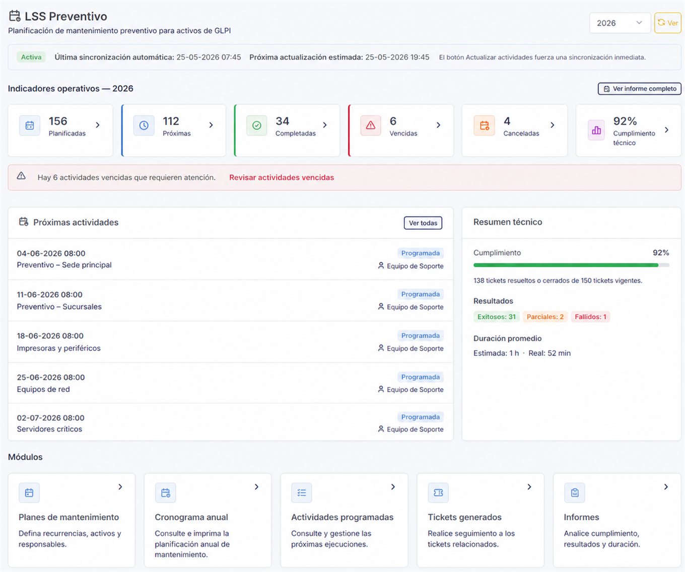 Demostración del panel de LSS Preventivo con actividades, cumplimiento y activos del plan de mantenimiento.